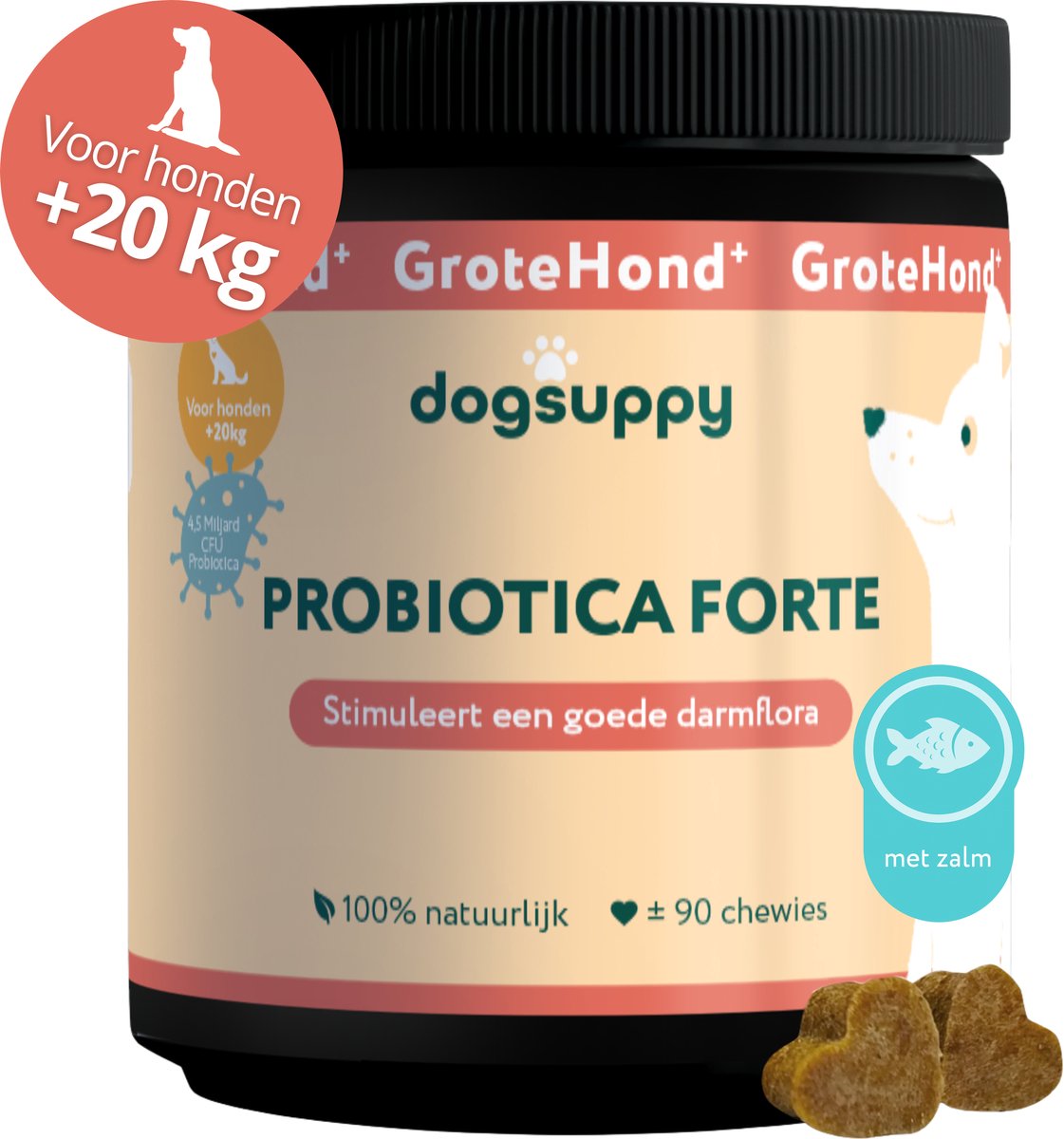 GroteHond⁺ Probiotica Forte - Met zalm - Ondersteunt Darmflora & Spijsvertering - 100% Natuurlijk - 90 snoepjes - Gras eten, Problemen met Ontlasting & Huidgevoeligheid - 4.5 miljard CFU Probiotica per snoepje - Voor Grote Honden +20kg