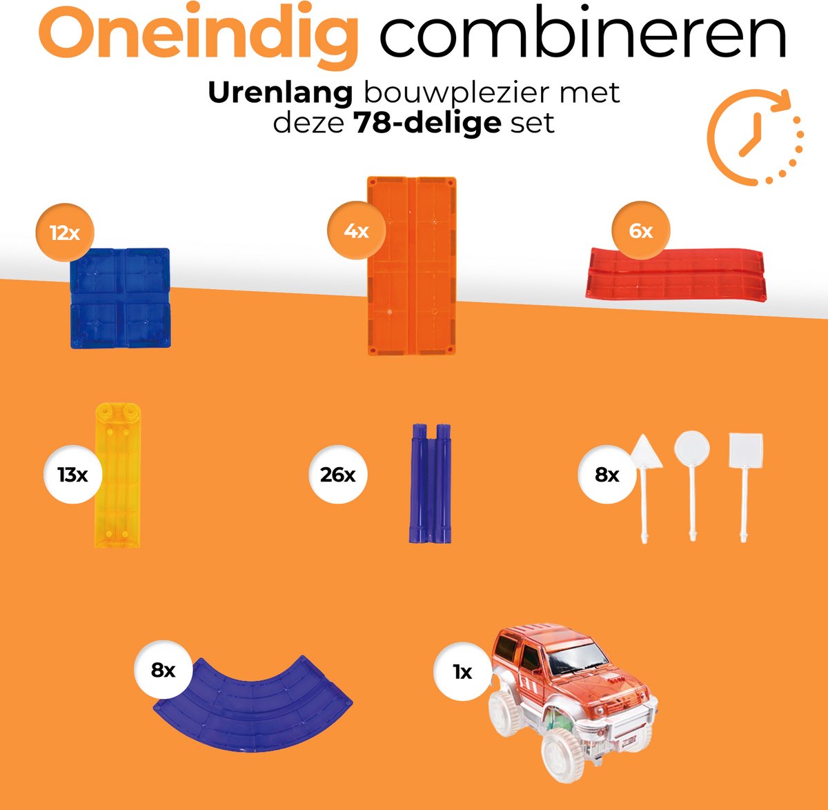 Magna Minds - Magnetic Tiles racebaan - Zelfrijdende auto - Magnetisch Speelgoed – 78 stuks - Constructie speelgoed - Magnetische tegels - Montessori speelgoed - Magnetic toys - Magnetische bouwstenen - Speelgoed Kinderen — afbeelding 2
