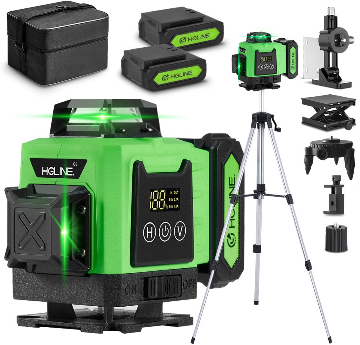 HGLINE 4D 16-lijn Kruislijnlaser + Statief 1,5m - 360 ° Zelfnivellerend Bouwlaser - met 2x 4800mAh accu - Laser Wasserwaage - voor constructie en uitlijning