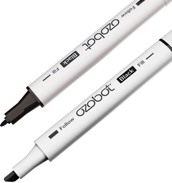 Twee Ozobot markers, zwart. Eén met de dop erop en één met de punt zichtbaar. Bedrukking 'Ozobot' en 'Black Fill'.
