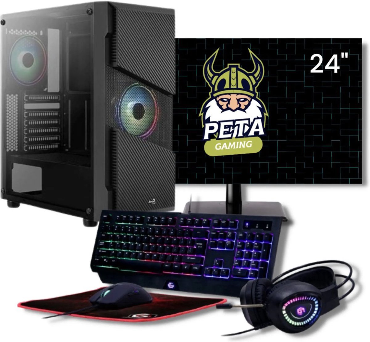 peta Gaming Set- Ryzen 5 5500GT - 32GB RAM - 1.0TB M.2 SSD - Nvidia GeForce RTX5060Ti 8GB - WiFi - Windows 11 Pro (GamePC + 24" FullHD monitor + toetsenbord + muis)