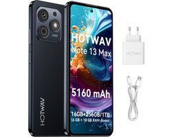 HOTWAV mobiele telefoon - Smartphone zonder abonnement- 16 GB/256 GB - 5160 mAh - mobiele telefoon senioren - Met transparante hoes - Zwart