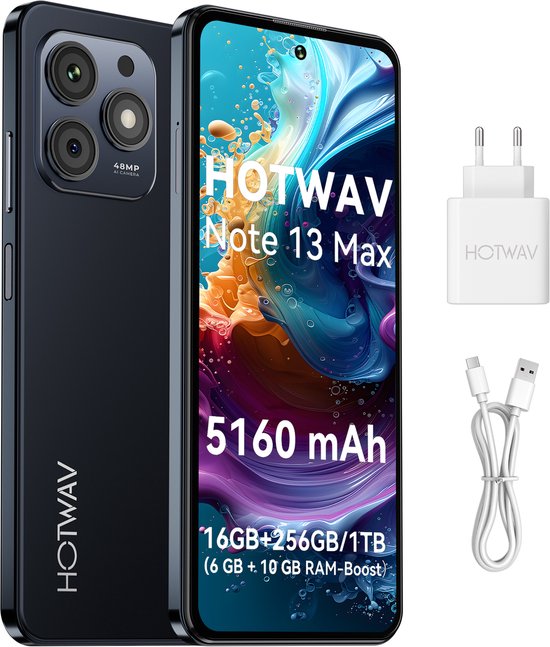HOTWAV mobiele telefoon - Smartphone zonder abonnement- 16 GB/256 GB - 5160 mAh - mobiele telefoon senioren - Met transparante hoes - Zwart
