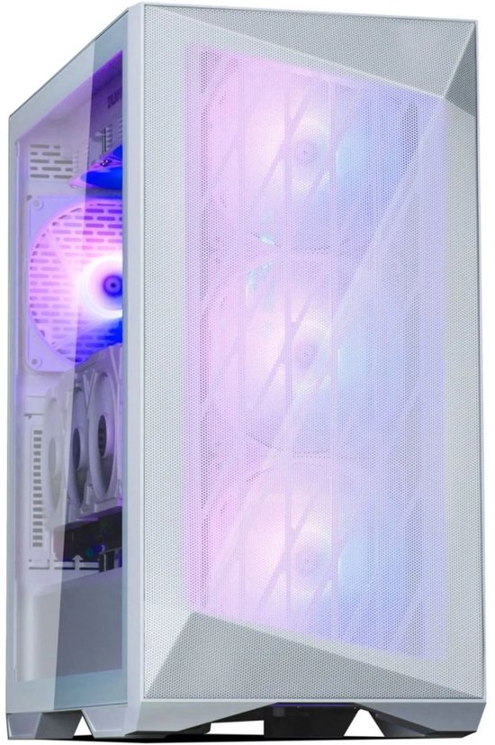Witte computerkast met glazen zijkant, RGB-ventilatoren en geperforeerd frontpaneel.