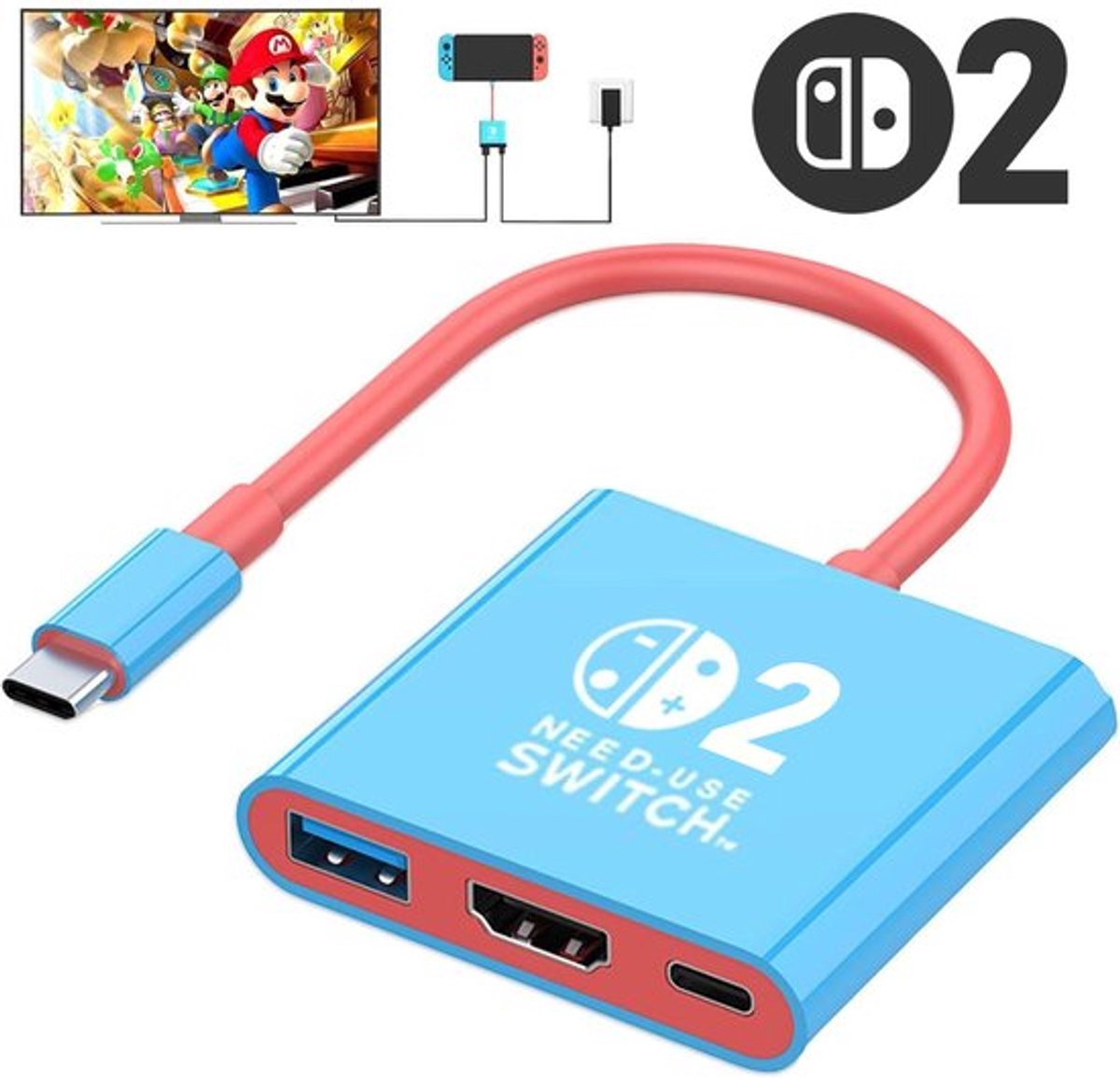 Docking Station, geschikt voor Nintendo Switch 2/1/OLED, TYPE-C Hub met HDMI en USB 3.0 Perfect voor reizen en gaming Kleur Rood/Blauw