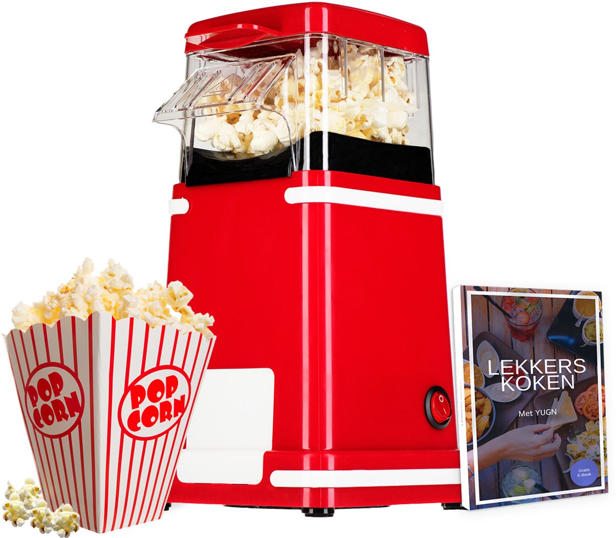 YUGN RETRO Popcornmachine - Hete Lucht Popcorn Maker - 1200W - Vetvrij - Rood