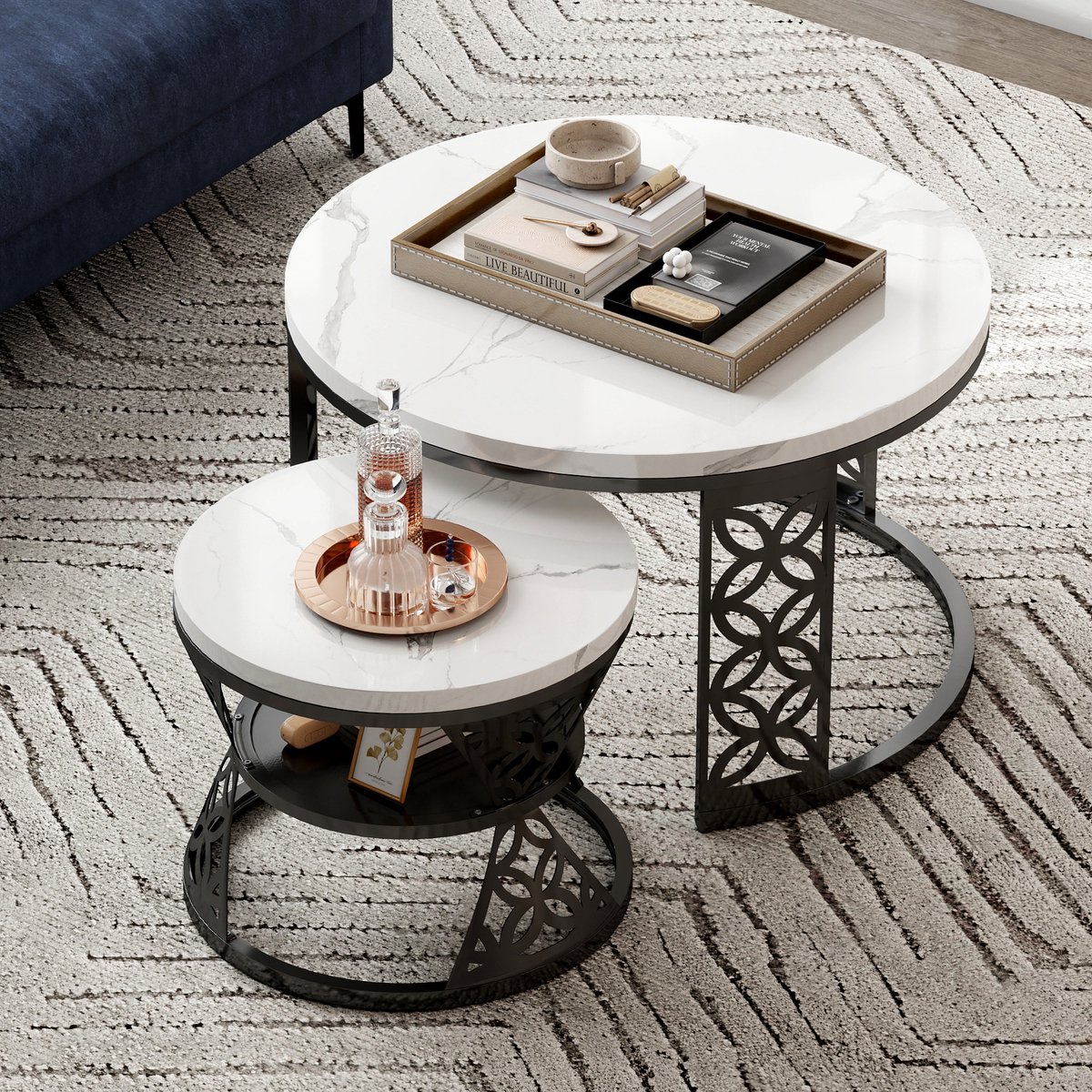 STILVORA Rond Salontafel Set Van 2 - MDF Marmerlook Blad - Zwart Metaal Frame - Modern Design - 70×70×45 & 45×45×37 Cm - Wit En Zwart