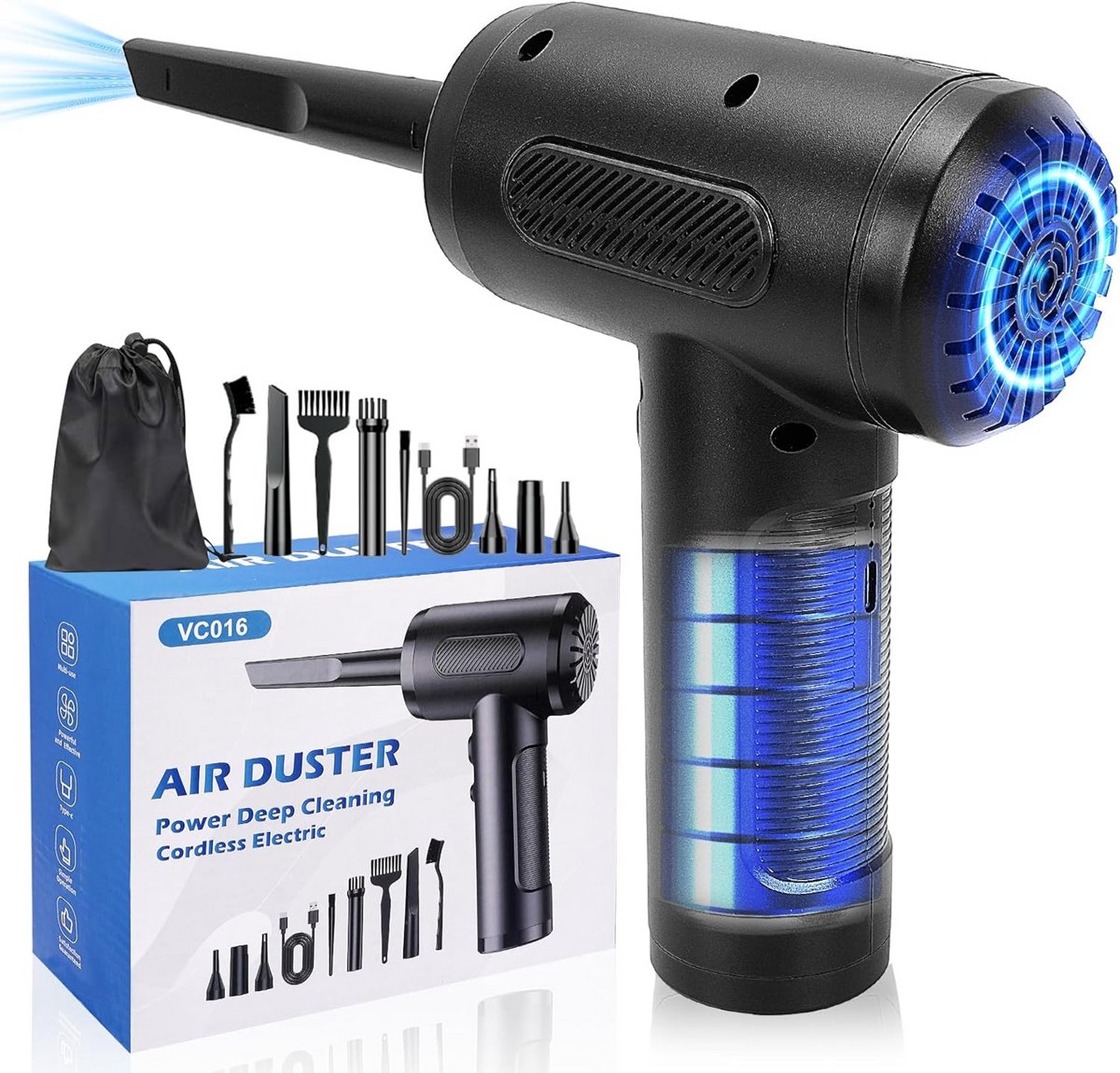 Draadloze Elektrische Stofblazer met LED Licht en 6000mAh Accu - 3-Snelheden Luchtblazer voor PC, Auto en Meubels