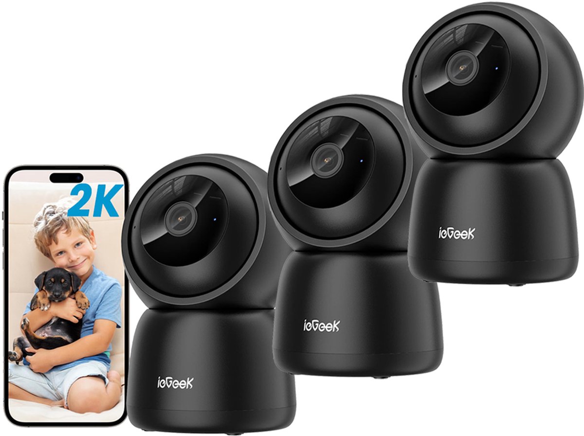 ieGeek SC1 Beveiligingscamera binnen - 2K 3MP Ultra HD - Huisdiercamera met app - Beveiligingscamera's - Wifi Camera APP - Volgt beweging en geluidsdetectie - Bewakingscamera - 2.4/5 GHz - Zwart - 3 Stuks