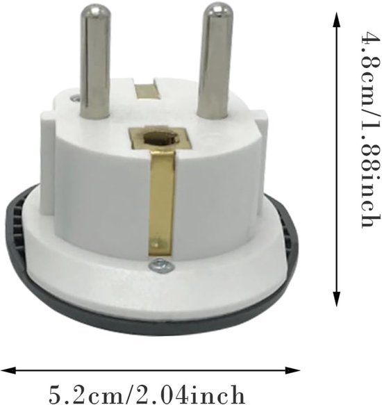 Witte EU-stekker met twee ronde metalen pinnen. Afmetingen 5.2cm breed en 4.8cm hoog.