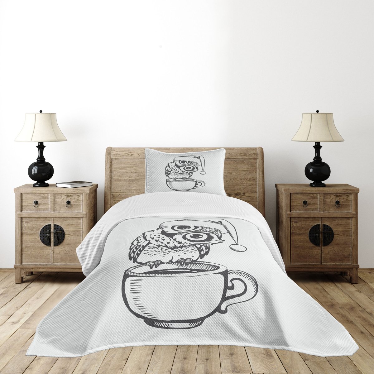 ABAKUHAUS Dekbedovertrekset 170x220 cm – uilenmotief, 2-delig, antraciet/wit