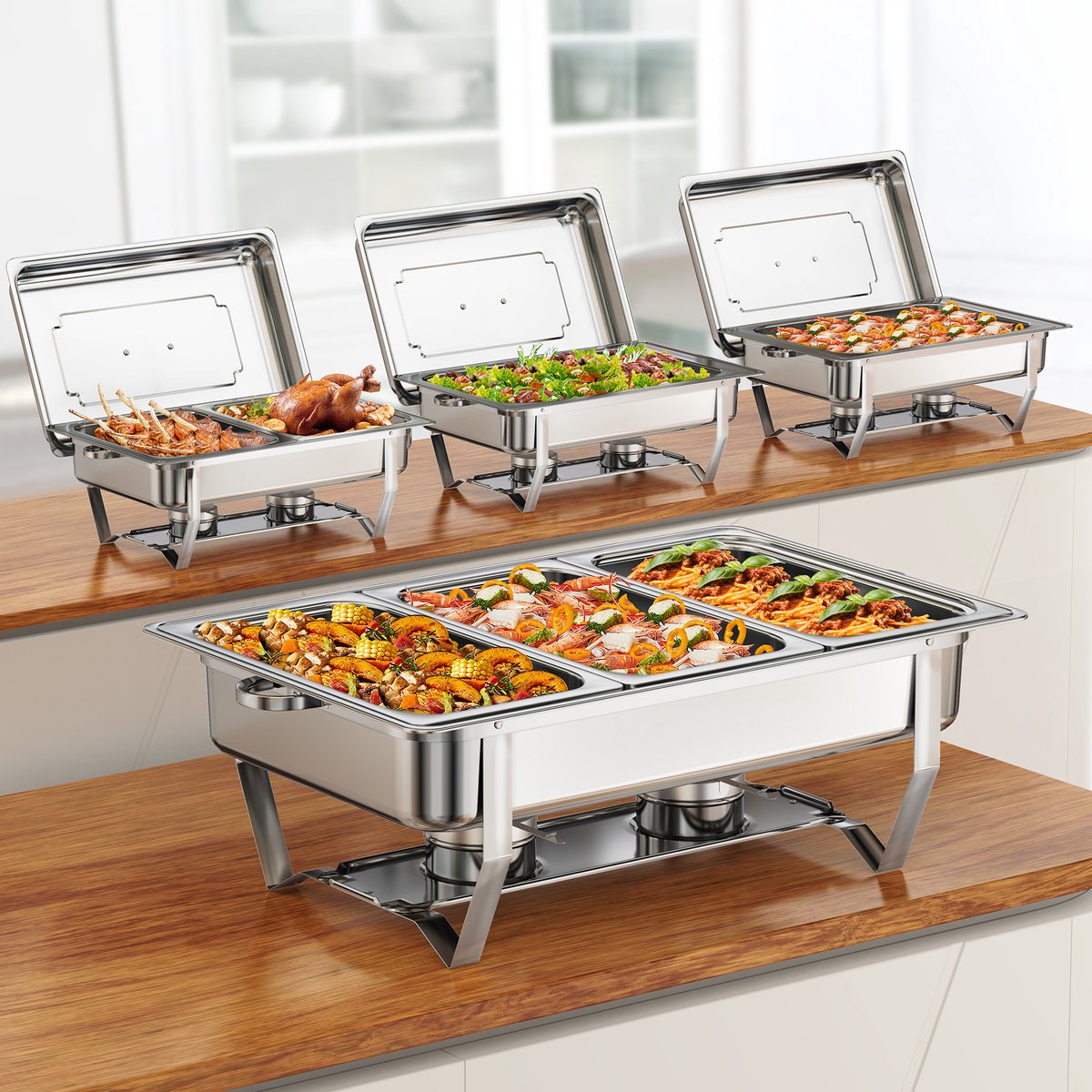 4-delige Chafing Dish Set – 7,6L (8QT) Rechthoekige Buffet Warmhouders, Opvouwbaar & Stapelbaar RVS – Ideaal voor Feestjes & Catering