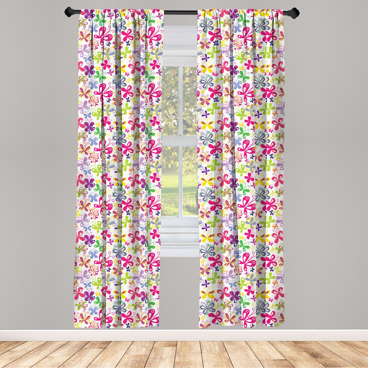 ABAKUHAUS Raamgordijnen – 2-delige set Vlindermotief – 75x175 cm – Veelkleurig – Met tunnel voor roede