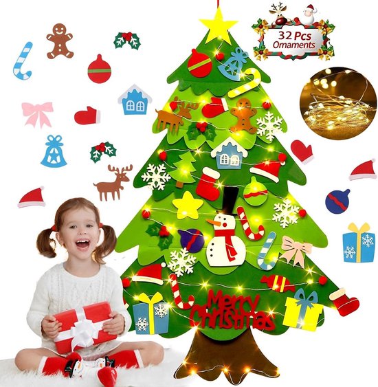 Vilten kerstboom - kerstboom met verlichting - Vilten kerstboom voor kinderen incl 32 ornamenten - kinderen cadeau met lichtslinger - Veilige Vilt DIY Boom - kinderen kerst diy wandophanging - Kerstdecoratie Set - Kerstboomproject - 100cm