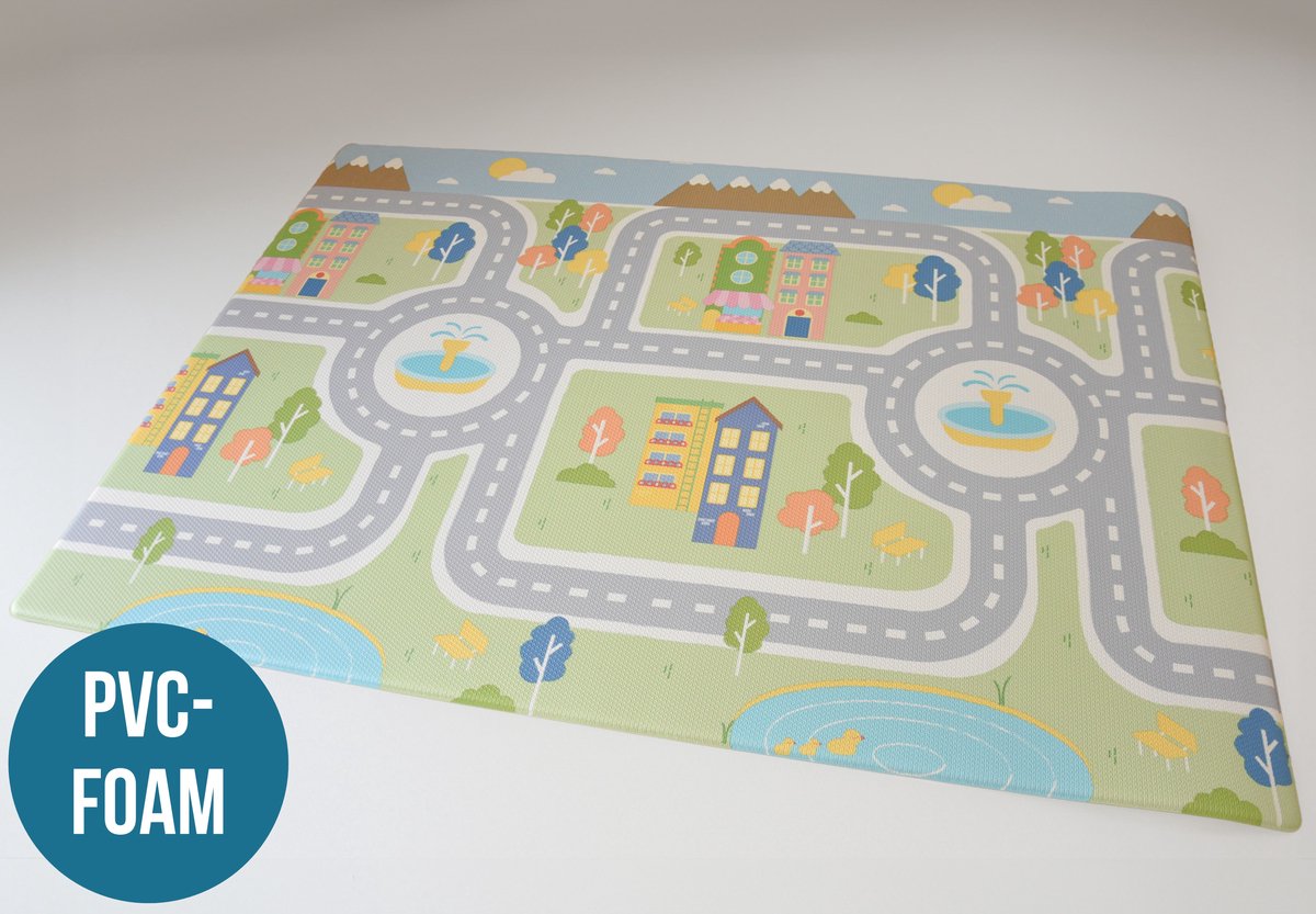 Mats & Joy® Foam Auto Speelmat 200x140cm XL 12mm dik - Twee Speelzijden - Waterdicht - Anti-slip - Hygiënisch - Anti-Bacterieel - PVC Vinyl - Groot Auto Speeltapijt Kinderen - Speelkleed Baby - Autokleed