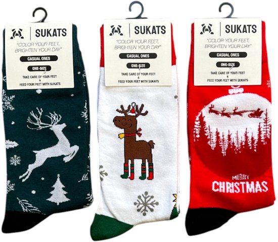 Sukats® The Casual Ones - 3 Paar - Maat 38-44 - Kerstsokken - One-Size - Dames en Herensokken - Set F - Happy Colorful Socks - Grappige Sokken - Vrolijke Sokken - Cadeausokken