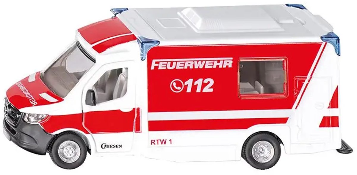 SIKU 2115, Mercedes-Benz Sprinter Miesen type C Ambulance, 1:50, metaal/kunststof, rood/wit, verwijderbaar dak, incl. brancard