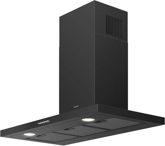 Inventum AKB9005ZWA platte wandschouw afzuigkap 90 cm - Afzuigcapaciteit 645 m3/h - Geschikt voor open keuken - 3 standen - Ledspots - Luchtafvoer en recirculatie - Zwart