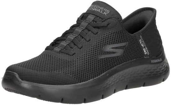 Zwarte Skechers Go Walk Flex sneaker met veters en 'Slip-ins' op de hak.