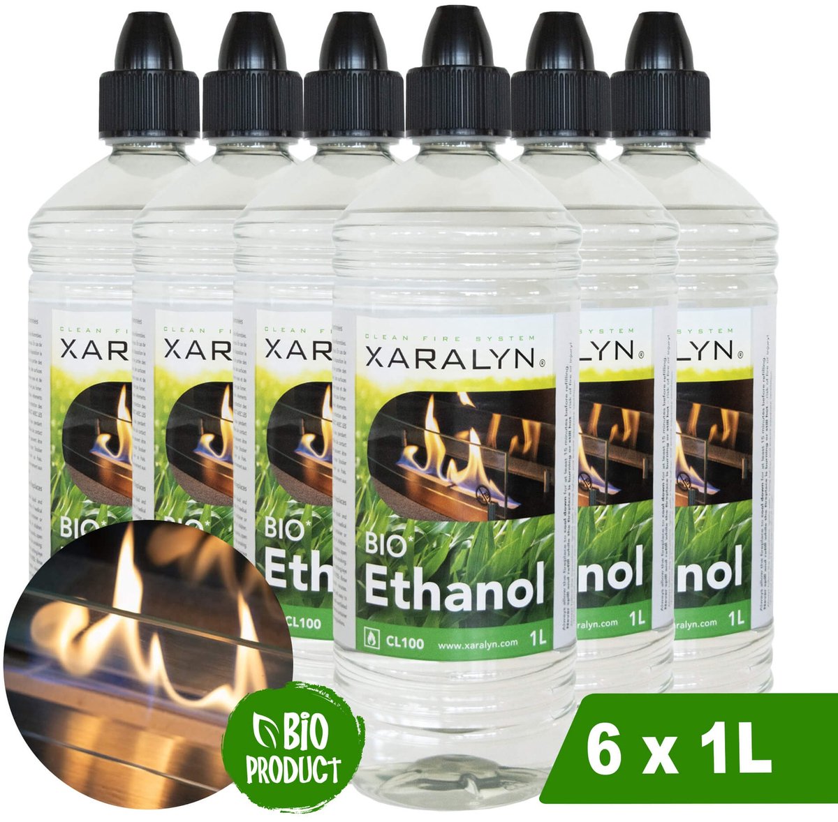 Xaralyn Bio-ethanol CL100 (6 x 1 Liter) - 100% zuivere bio ethanol - mooie gele vlam - zonder toegevoegde geur