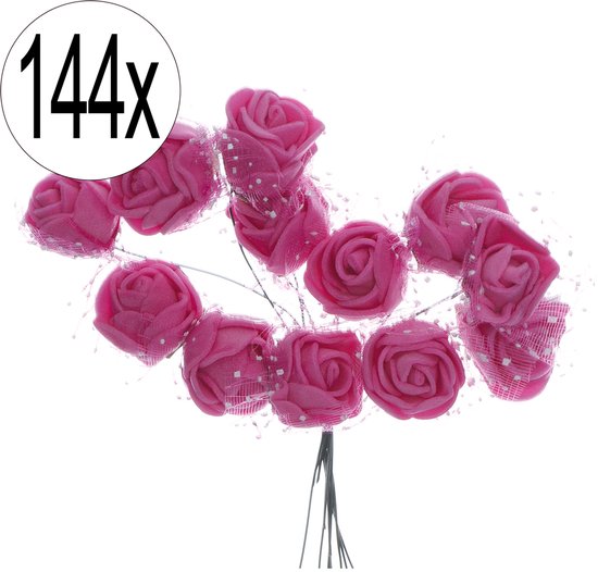 Kunstrozen – Set van 144 Mini Roosjes (12 bossen van 12) – Zijdeachtige Stof – Buigbare Metalen Steel – Decoratieve Nepbloemen voor Feest, Bruiloft & Knutselen