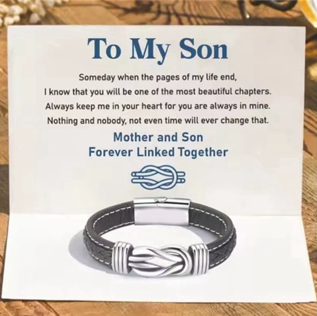 Gepersonaliseerde Lederen Armband voor Zoon – Stoere Heren Armband – Infinity Knoop Armband – Betekenisvol Cadeau van Moeder aan Zoon