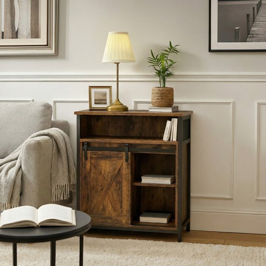 MIRA Home Opbergkast met Schuifdeur – Industrieel Kastje 70x30x80 cm – Bruin/Zwart – Hout & Metaal – Wandkast met Open en Gesloten Planken