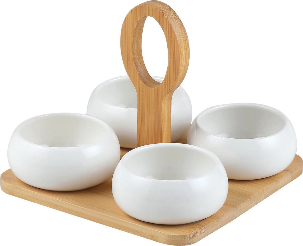 Bavary - snackkommen set - 4 delig - keramiek - wit - houten serveerplank met handvat