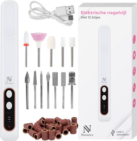 Nuvance Elektrische Nagelvijl - 15000 RPM - Nagelfrees - 12 Bitjes - 40 Schuurrolletjes - Manicure & Pedicure Set
