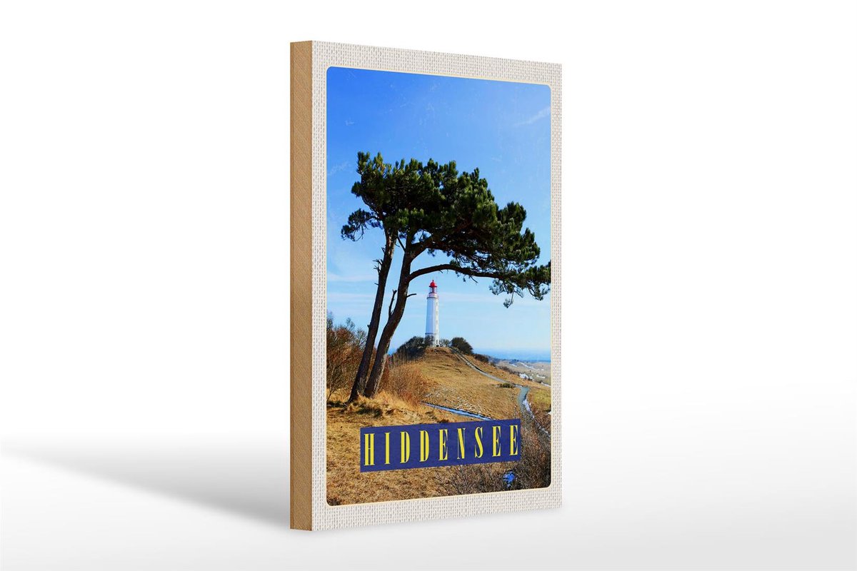 Holzschild Reise 20x30cm Hiddensee Leuchtturm Baum Weide