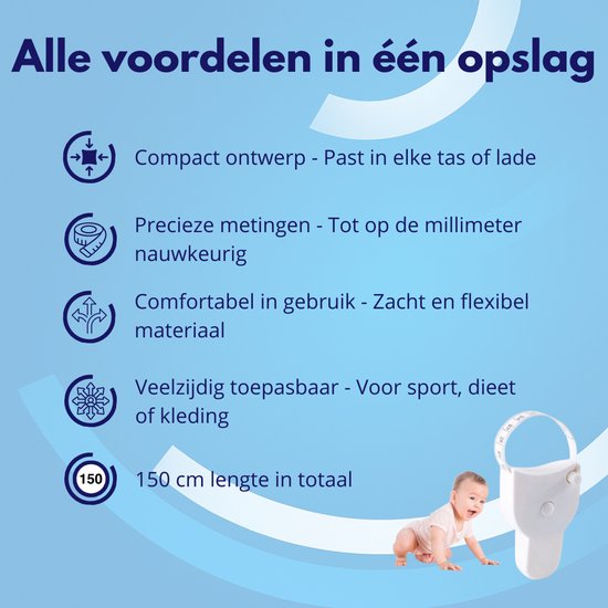 Witte omtrekmeter en baby op een blauwe achtergrond met tekst.