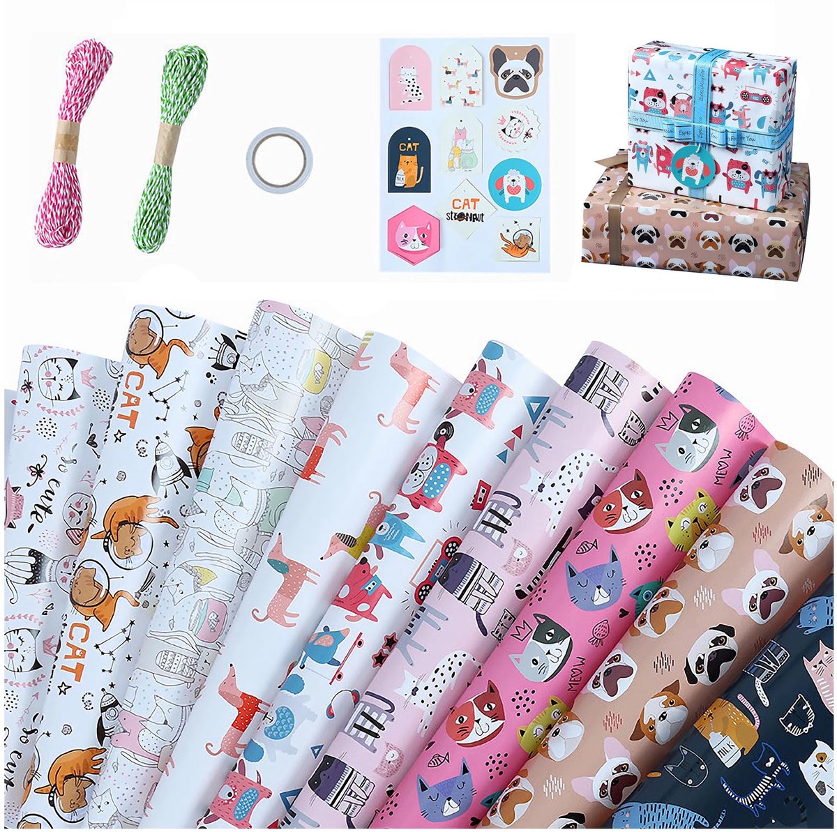 IMPERATORIS® Cadeaupapier met touw en kaarten - Inpakpapier - Perfect voor Alle Feestelijke Gelegenheden - Party Design - Duurzaam - Verjaardag - Veelkleurig - 9 Rollen