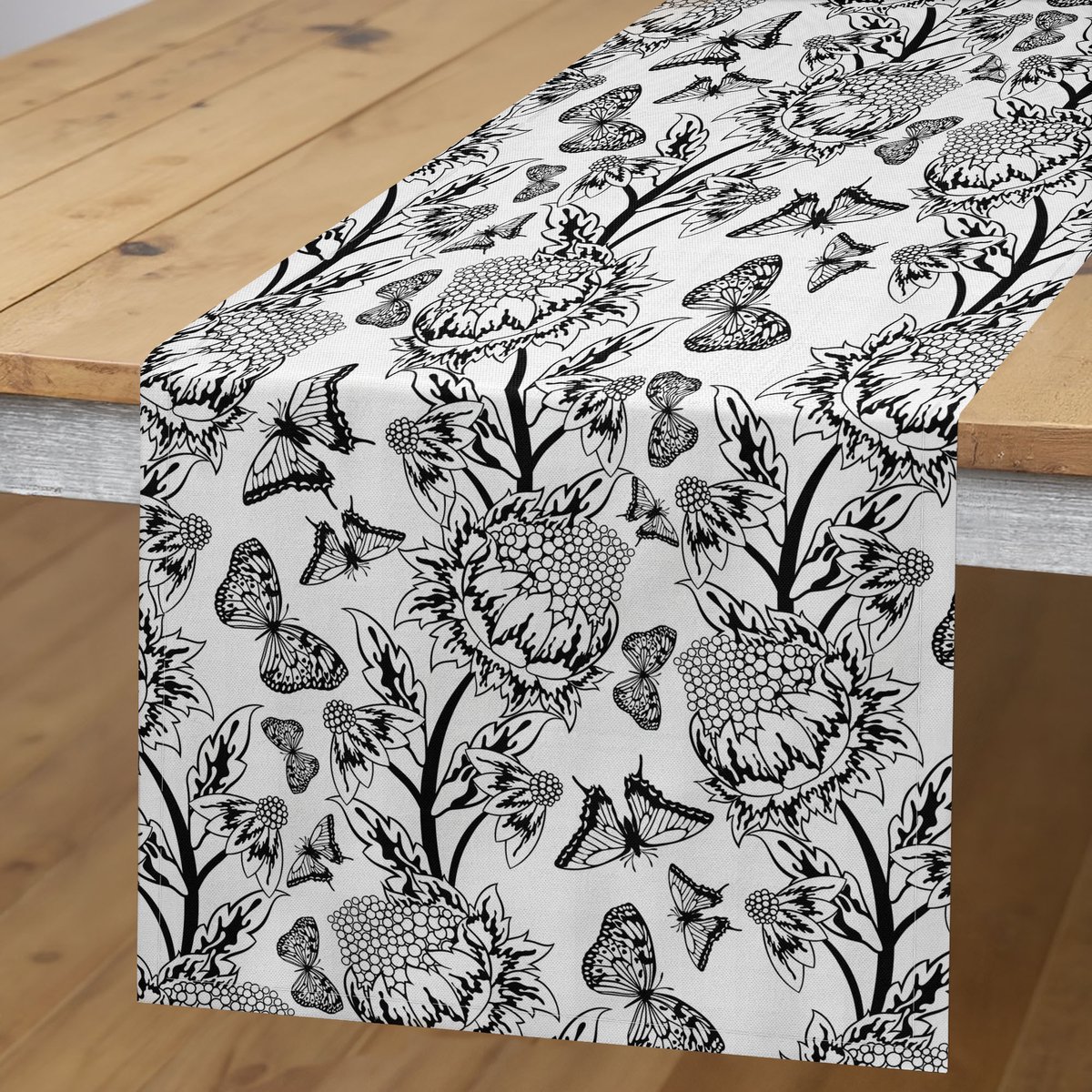 ABAKUHAUS Tafelloper – Florale Motief – 40x180 cm – Charcoal/Wit, Wasbaar