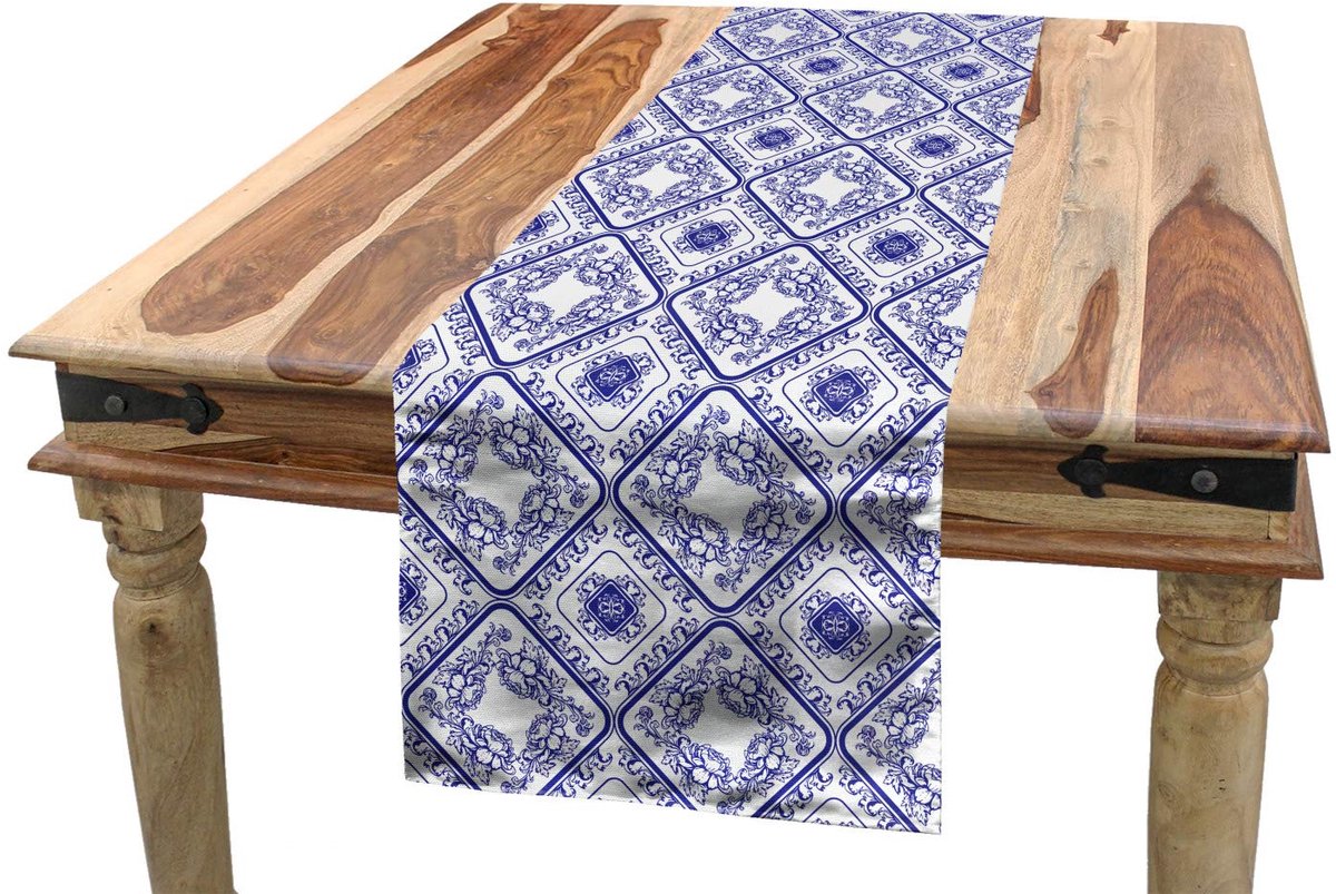 Abakuhaus Bloem tafelloper – 40x225 cm – polyester, wit/blauw