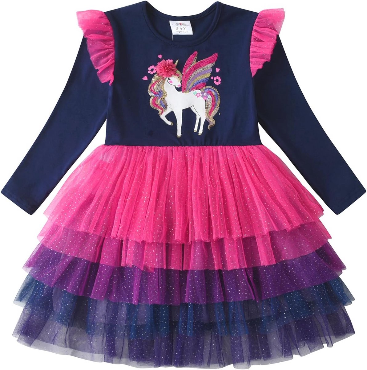 Meisjesjurk Eenhoorn Bedrukt - Herfst Winter Prinses - Vrije Tijd - Knielange Lange Mouwen Jurk Gr. 90