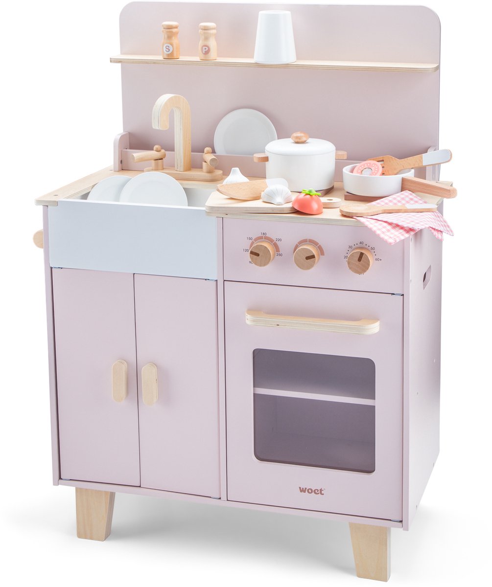 Woet® Houten Speelgoed Kinderkeuken Roze - Speelkeukentje met Pannen, Servies, Groente en Snijplank - Houten Speelkeuken - Werkbladhoogte 55 cm - Rollenspel - Vanaf 3 Jaar — afbeelding 8