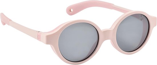 Ronde beige kinderzonnebril met donkere glazen en verstelbare pootjes.