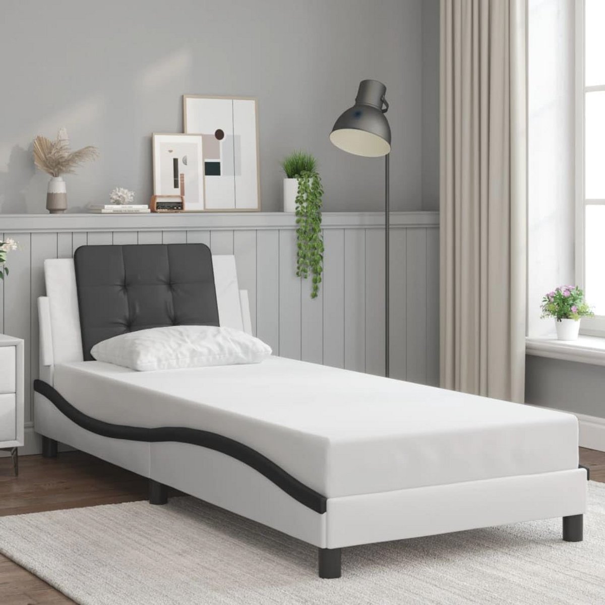 Stijlvol Bedframe met Hoofdeinde in Faux Leer - Zwart en Wit 90x190cm