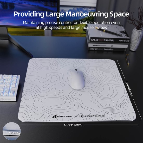 ATTACK SHARK CM05 Tempered Glass Gaming Mouse Pad - Glazen Muismat - Ultra-Smooth Surface - 9H Tempered Glass - 45*40CM - eSport Gaming Mousepad - White Contour Line