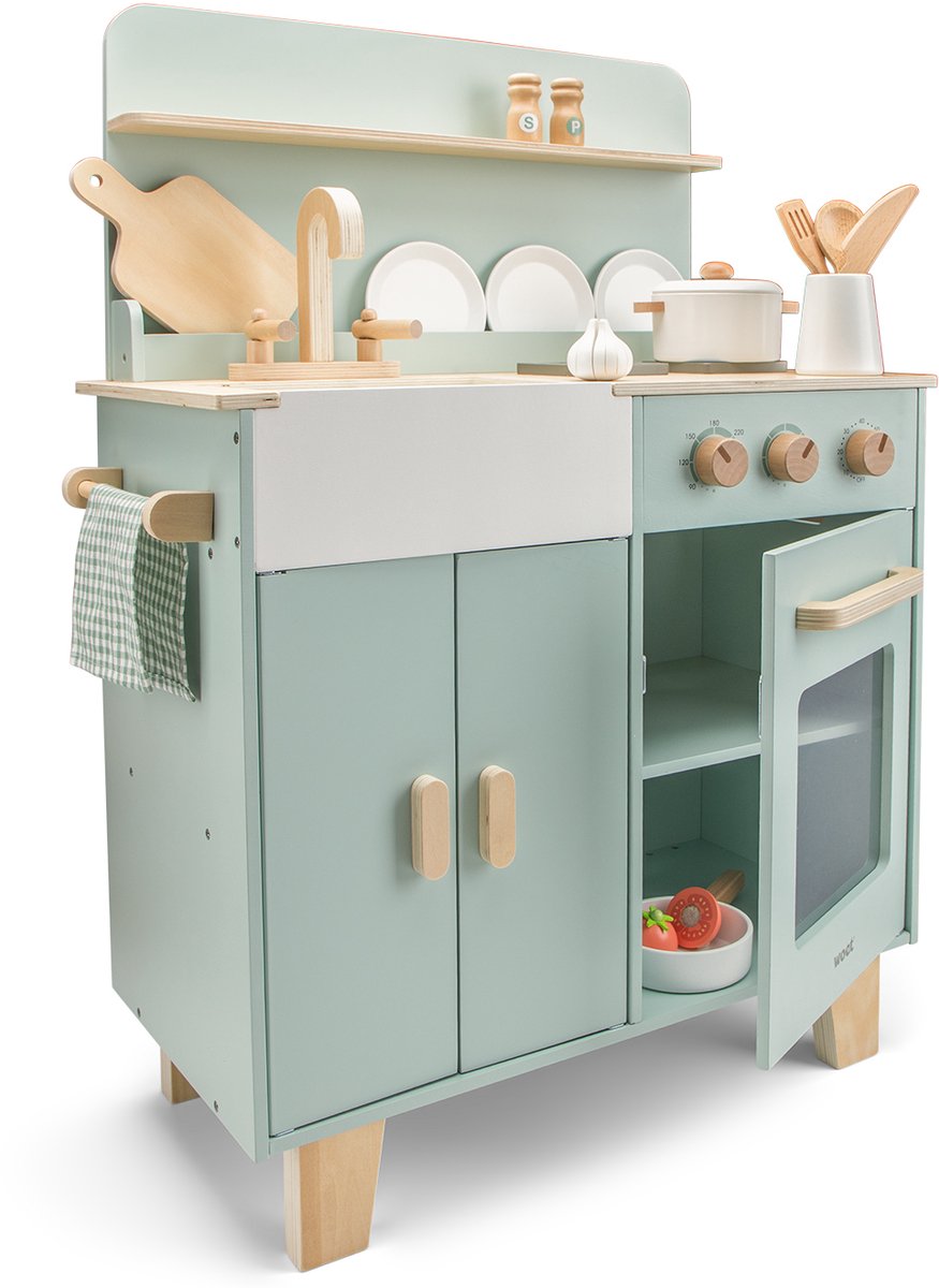 Woet® Houten Speelgoed Kinderkeuken Mint Groen - Speelkeukentje met Pannen, Servies, Groente en Snijplank - Houten Speelkeuken - Werkbladhoogte 55 cm - Rollenspel - Vanaf 3 Jaar — afbeelding 6