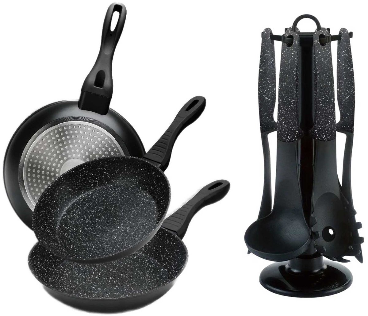 Cheffinger Koekenpannen - Set van 3 - Incl. Keukengerei Set - 7-delig - Zwart