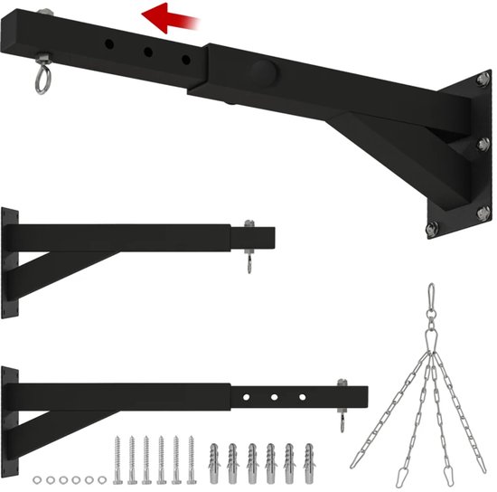 Zwarte bokszakmuurbeugel met ketting en bevestigingsmateriaal, inclusief schroeven en pluggen.