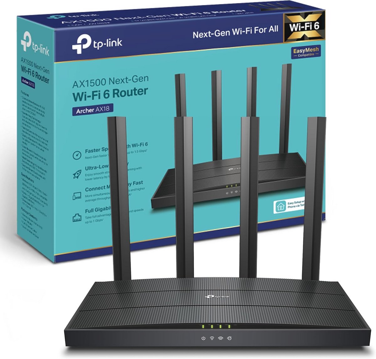 Dual-band WiFi 6 router met 1500Mbps snelheid, 4 Gigabit poorten en geavanceerde functies