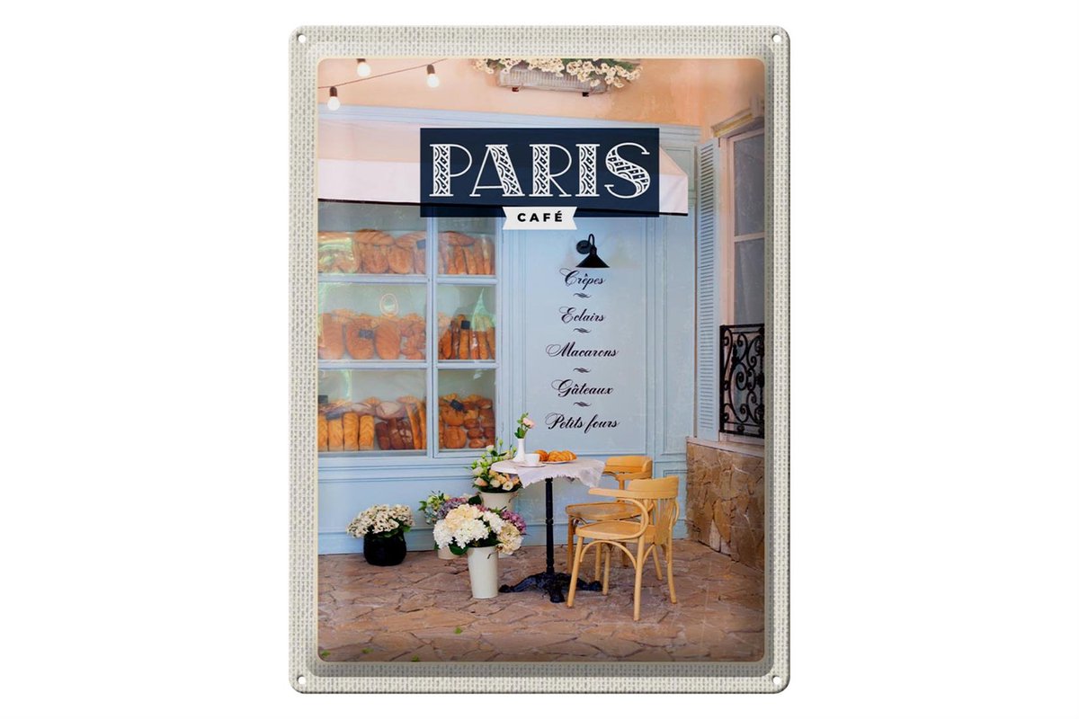 Blechschild Reise 30x40cm Paris Cafe Crepes Eclairs Macarons