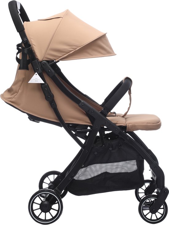Cabino® Buggy Compact PLUS + Makkelijk Inklapbaar - Geschikt Voor Vliegtuig (Handbagage) & tot 22kg Wandelwagen Buggy Met Verstelbare Rugleuning en Grote Boodschappenmand Inclusief Reishoes & Bekerhouder - Beige van Cabino — afbeelding 5