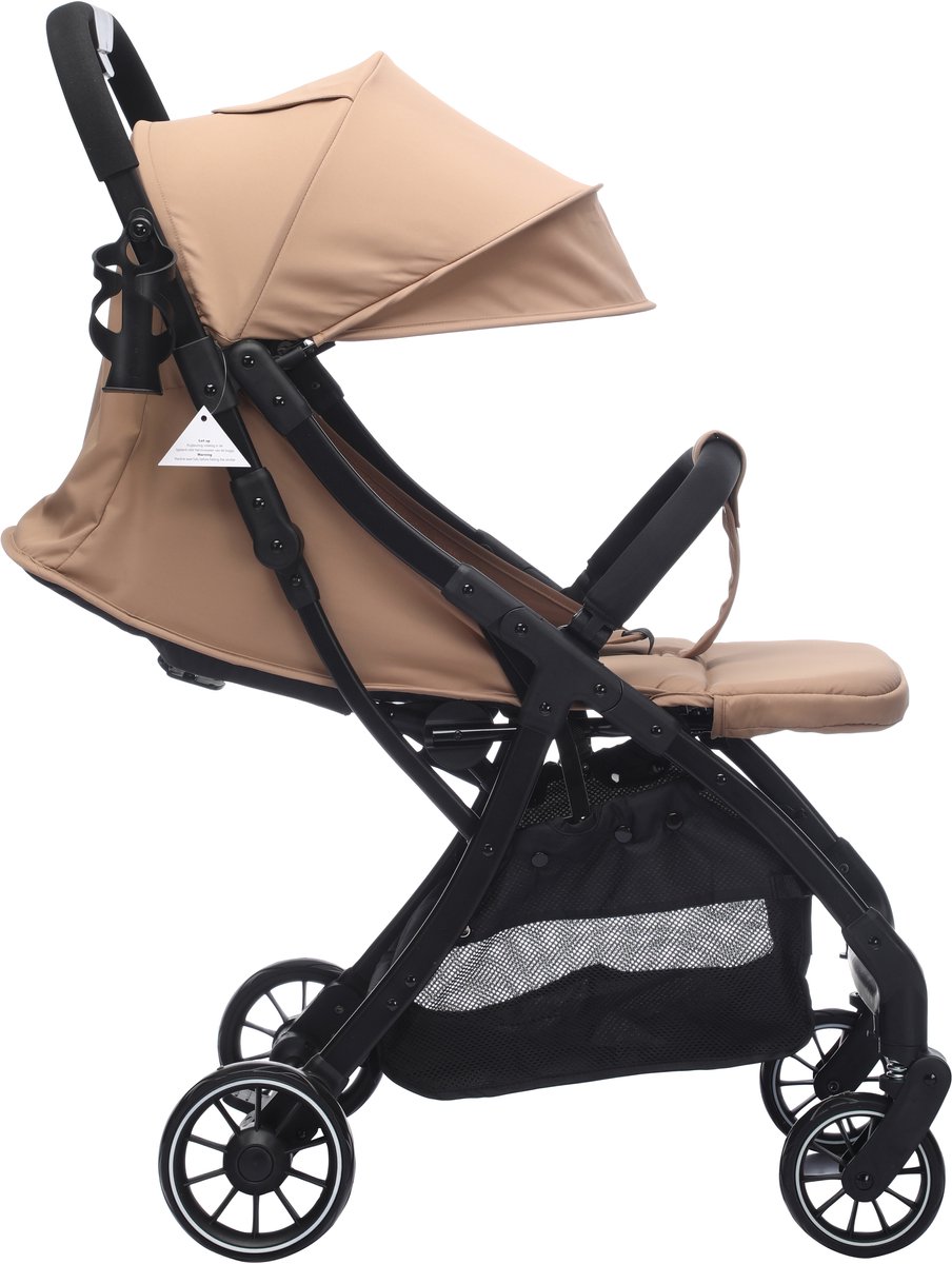 Cabino® Buggy Compact PLUS + Makkelijk Inklapbaar - Geschikt Voor Vliegtuig (Handbagage) & tot 22kg Wandelwagen Buggy Met Verstelbare Rugleuning en Grote Boodschappenmand Inclusief Reishoes & Bekerhouder – Beige – foto 5