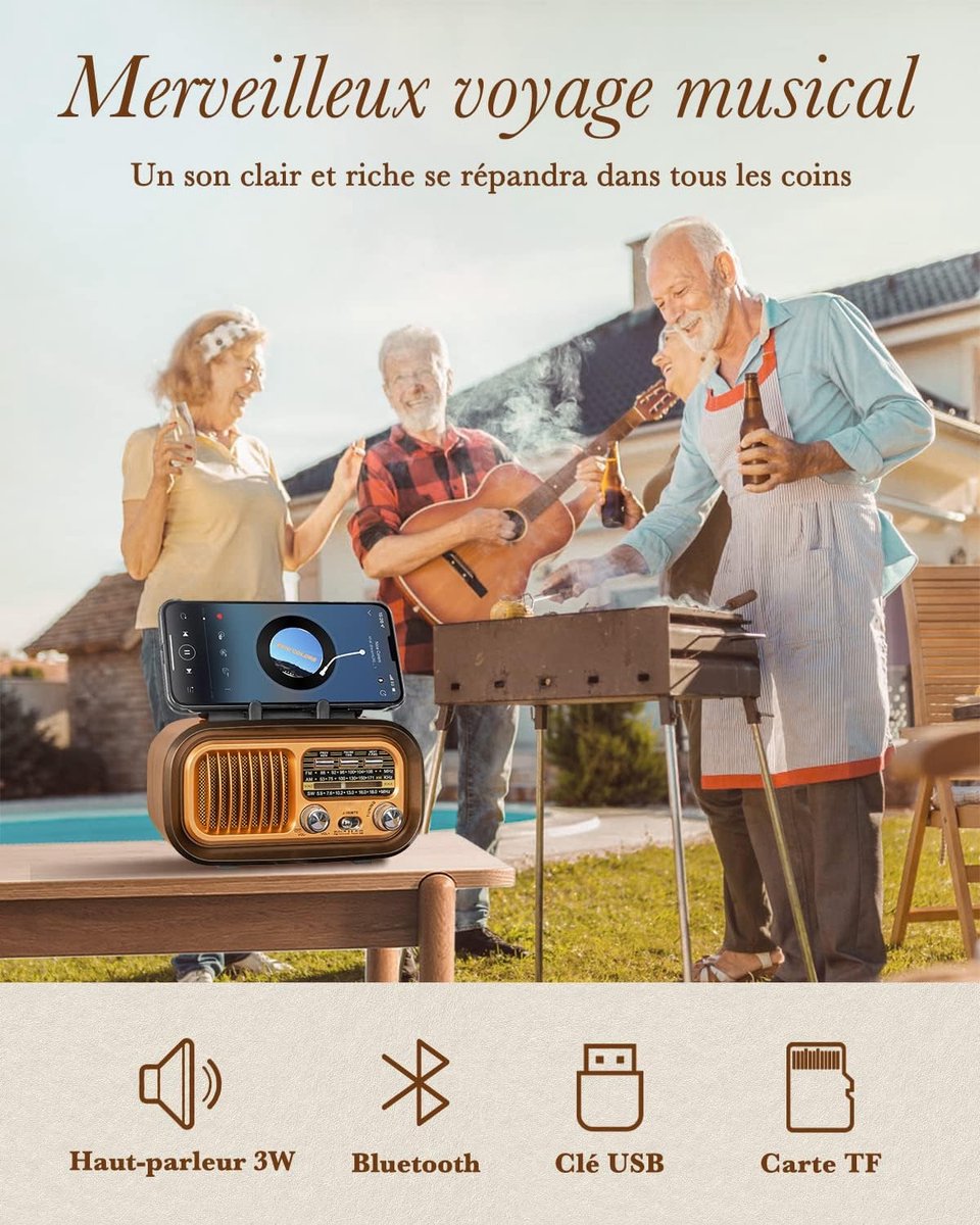 Kleine Draagbare Radio - AM FM SW Retro Vintage Radio - 1200mAh Batterij Of D-Cellen - Bluetooth Kofferradio - USB TF Kaart - Noodradio Solar - Powerbank Functie - Binnen Buiten Gebruik - Noodpakket - Goud Kleur - Draagbare Oplader - Multifunctioneel – foto 4