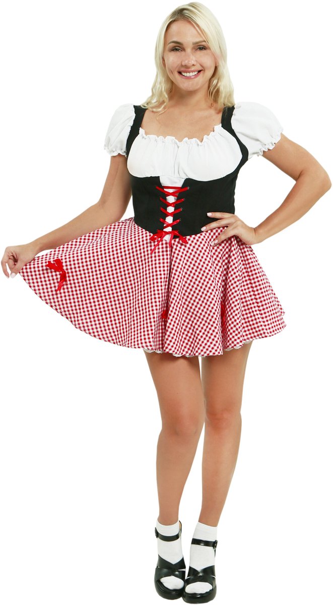 Zebra & Friends Sexy Heidi - Tiroler Dirndl - XS - Roodkapje - Oktoberfest Dames - met Ritssluiting - Pofmouwen - Carnavalskleding - Maat 36 - Rood met Zwart