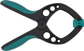 Zwarte lijmklem met turquoise handgrepen en klembekken. Zwarte handgrepen met turquoise grip. Turquoise klembekken.
