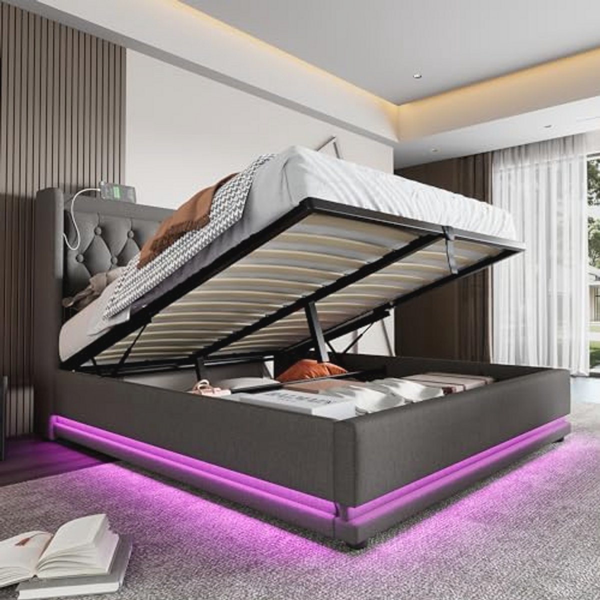 Moderne 180 x 200 cm Tweepersoonsbed met Opbergruimte en Gestoffeerde Hoofdbord